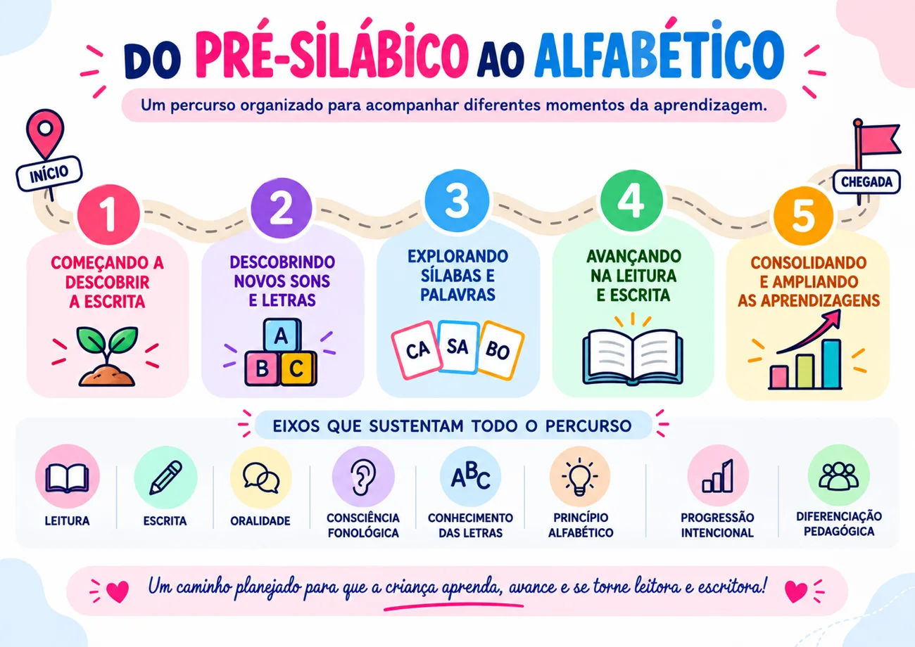 Mapa do percurso: do pré-silábico ao alfabético, em 5 etapas