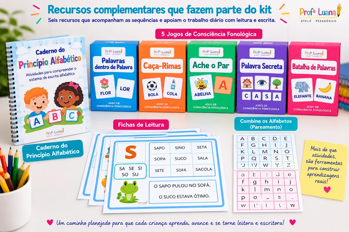 Recursos complementares do Kit: caderno, fichas de leitura, combine o alfabeto e jogos